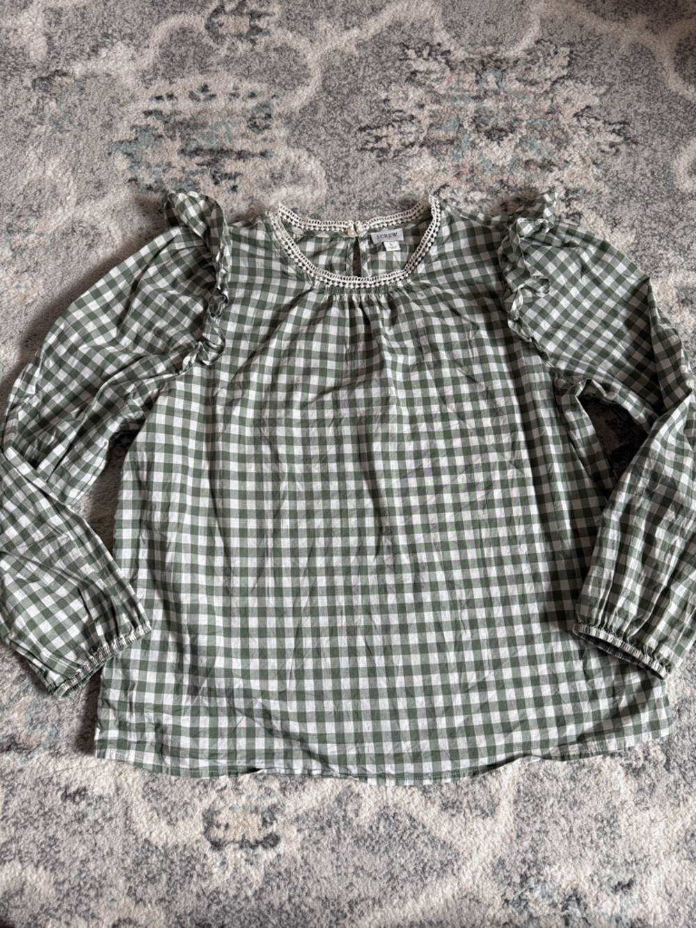 J. Crew Long Sleeve Gingham Ruffled Shoulder Blouse